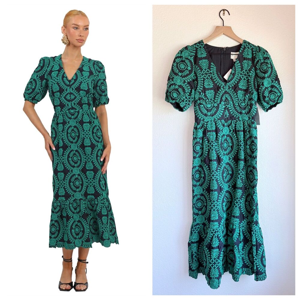 Adelyn Rae Luisa Embroidered Midi Dress NWT Size XS Green Puff Sleeve Wedding